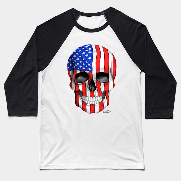 American Flag Skull (On White Background) Baseball T-Shirt by GDGCreations